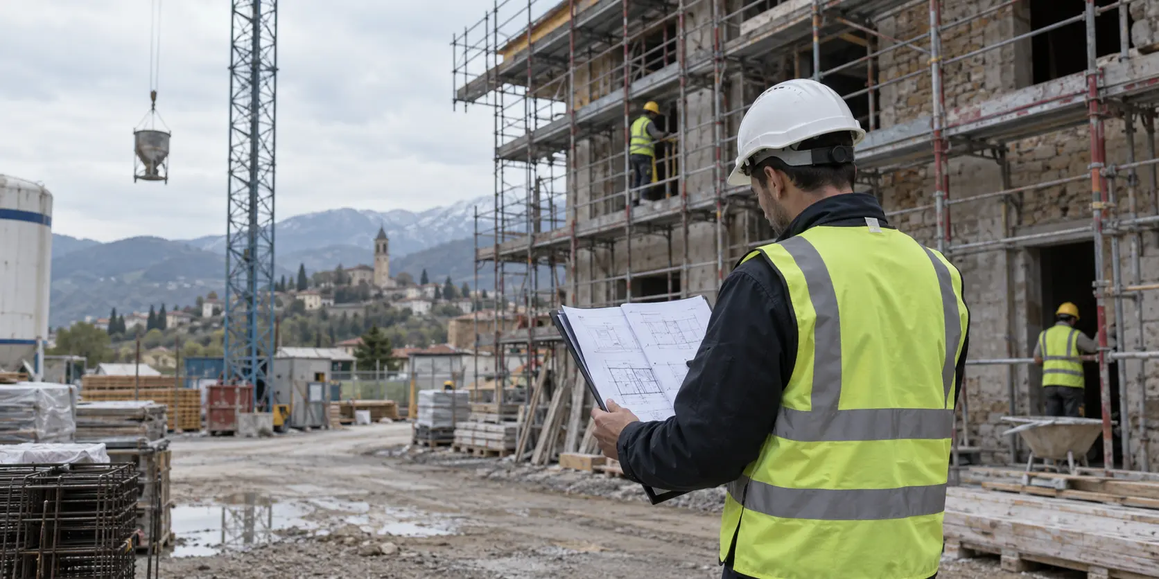 Coordinatore della sicurezza durante un sopralluogo in un cantiere edile a Cuneo